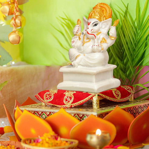 Gold White Ganpati - The Earth Store - God Statue